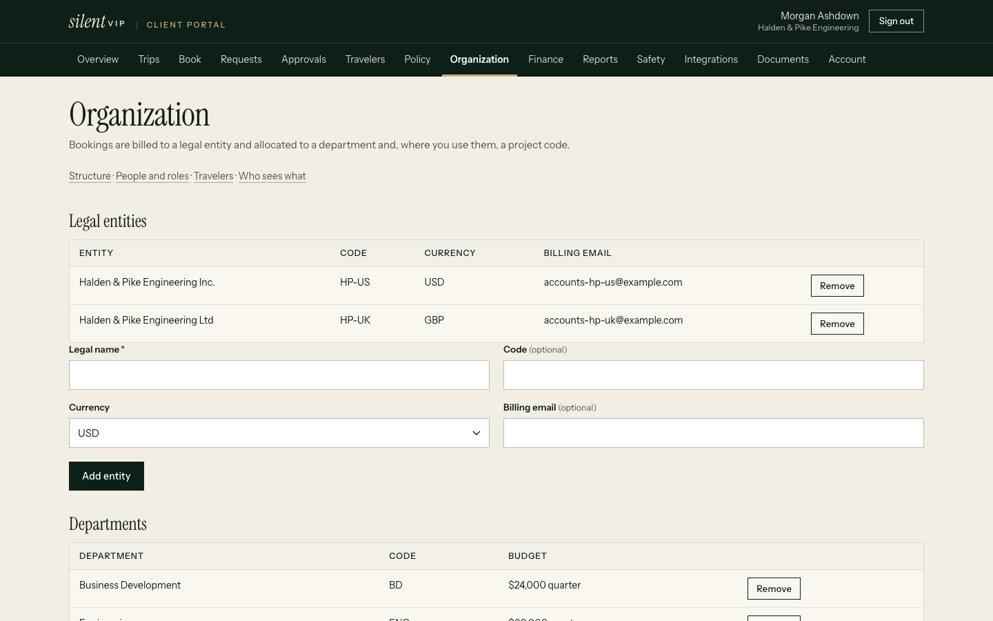 The organisation page with entities, departments, project codes and account users with their roles