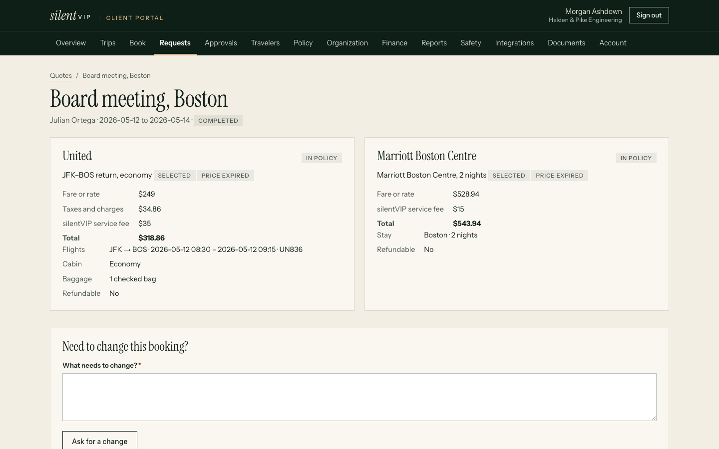 Options for a multi-city trip with each leg listed