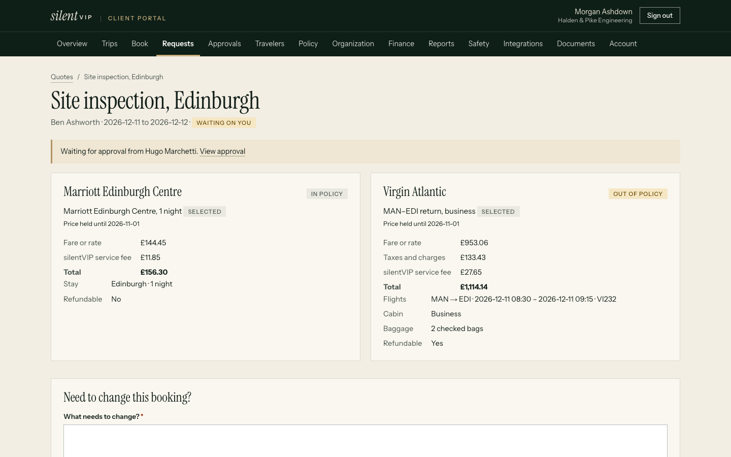 Flight options with total price and policy status, the in-policy option highlighted