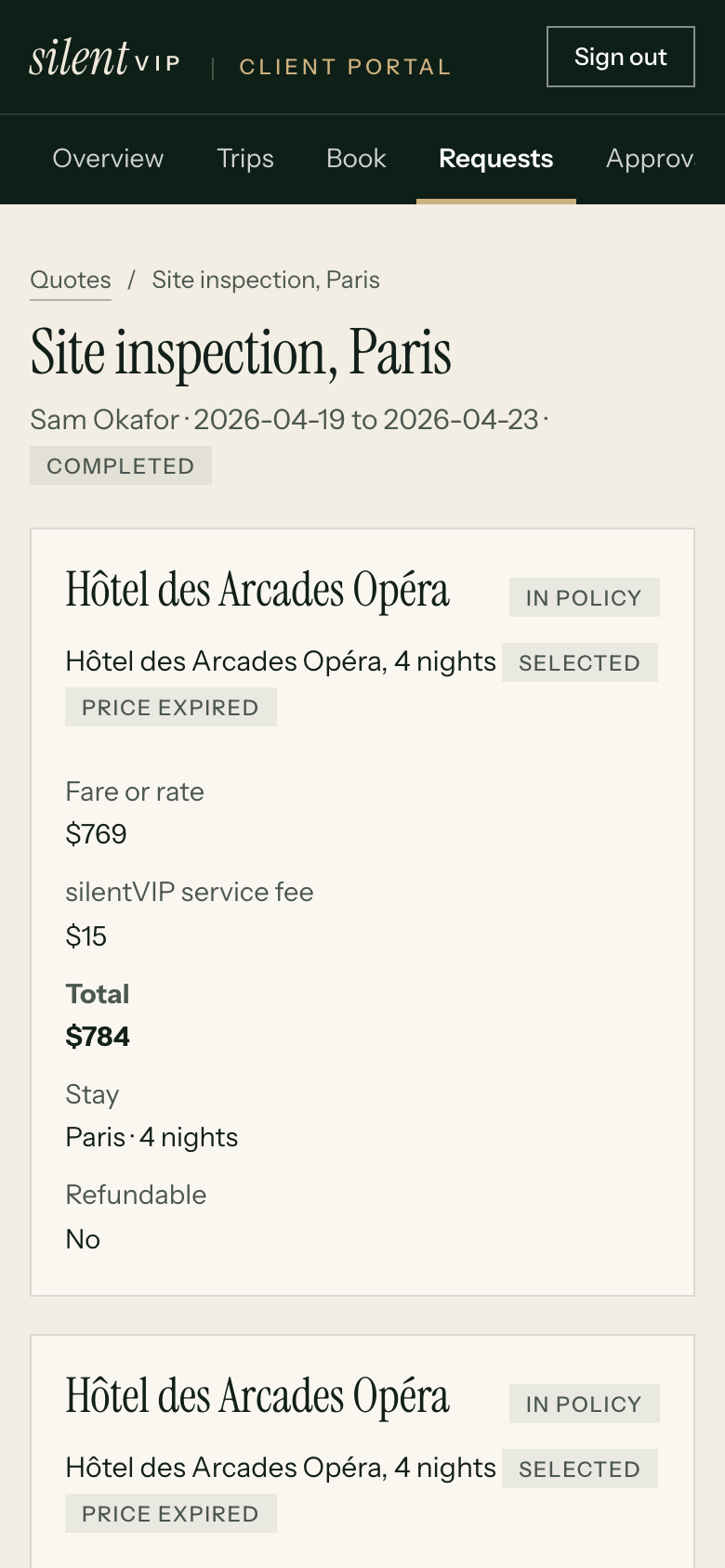 The options comparison on a phone screen, one option per card with total price and policy status