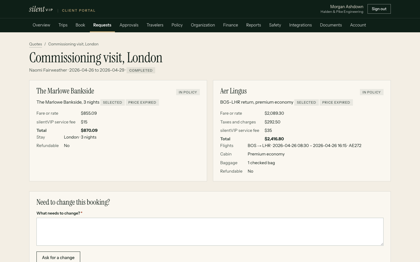 A selection pending approval by the traveller's approver