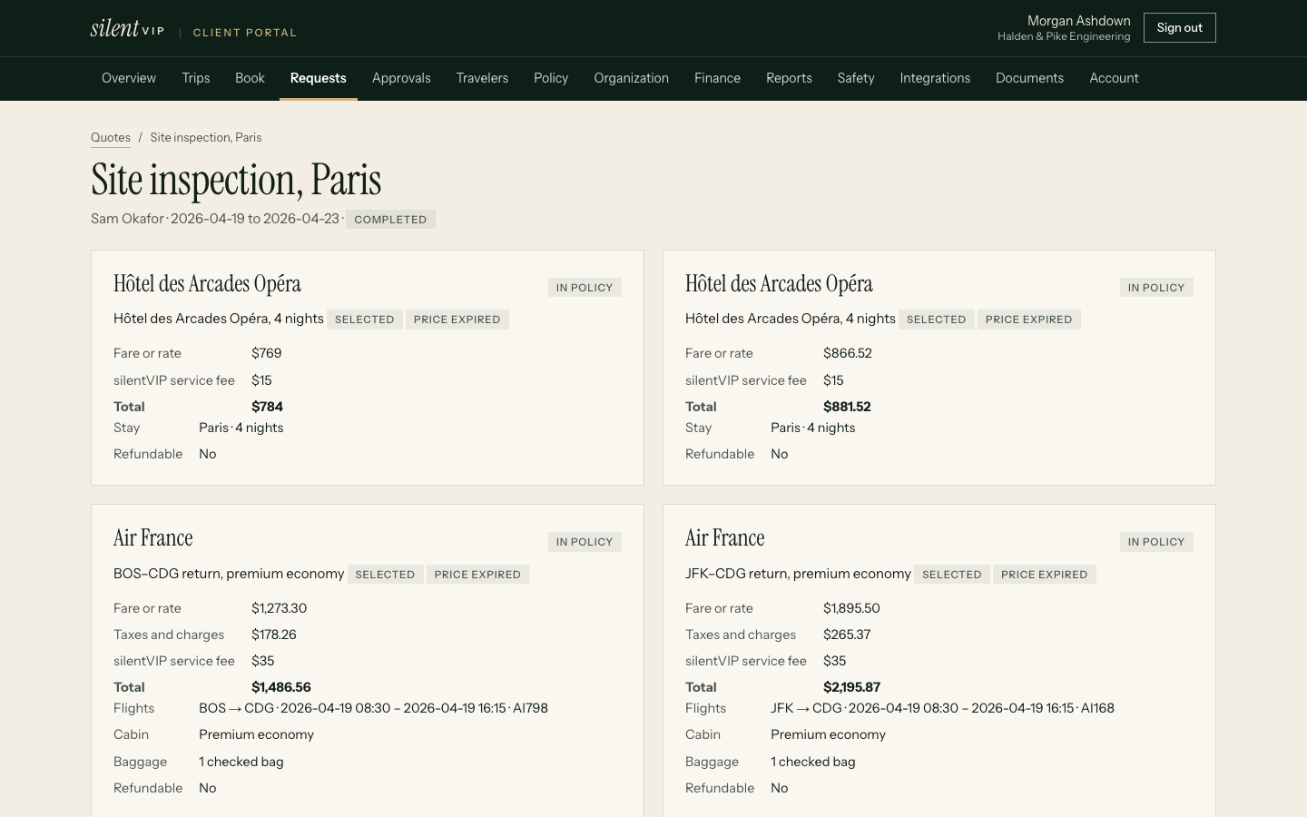 Fare details for one option showing cabin, fare brand, checked bags, change fee and non-refundable status