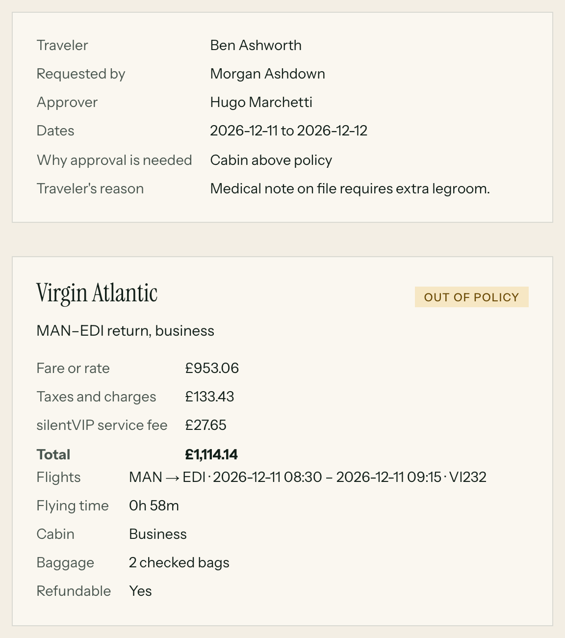 Close-up of the silentVIP portal (Site inspection, Edinburgh): Traveler, Requested by, Approver, Dates, Why approval is needed, Traveler's reason. Demo data for a fictional company.
