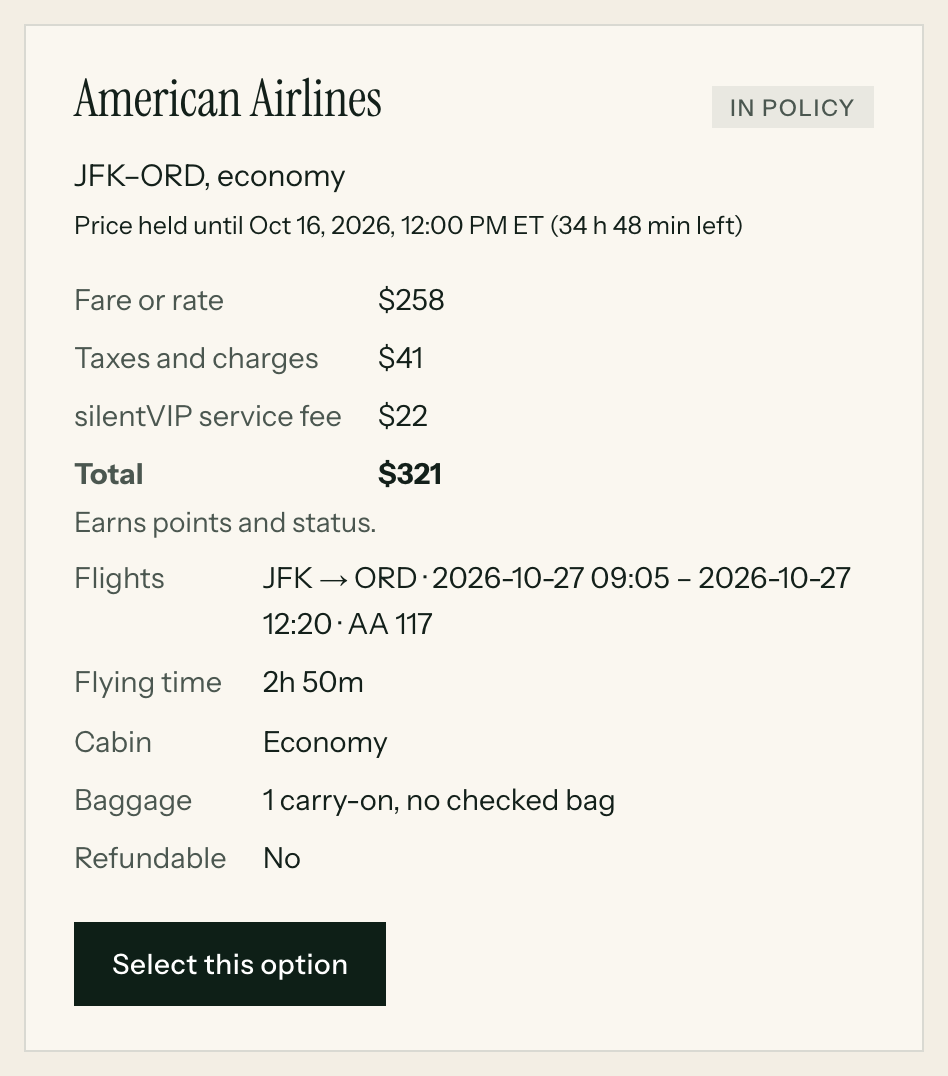 Close-up of the silentVIP portal (Client workshop, Chicago): American Airlines, In policy, Fare or rate, Taxes and charges, silentVIP service fee, Total. Demo data for a fictional company.