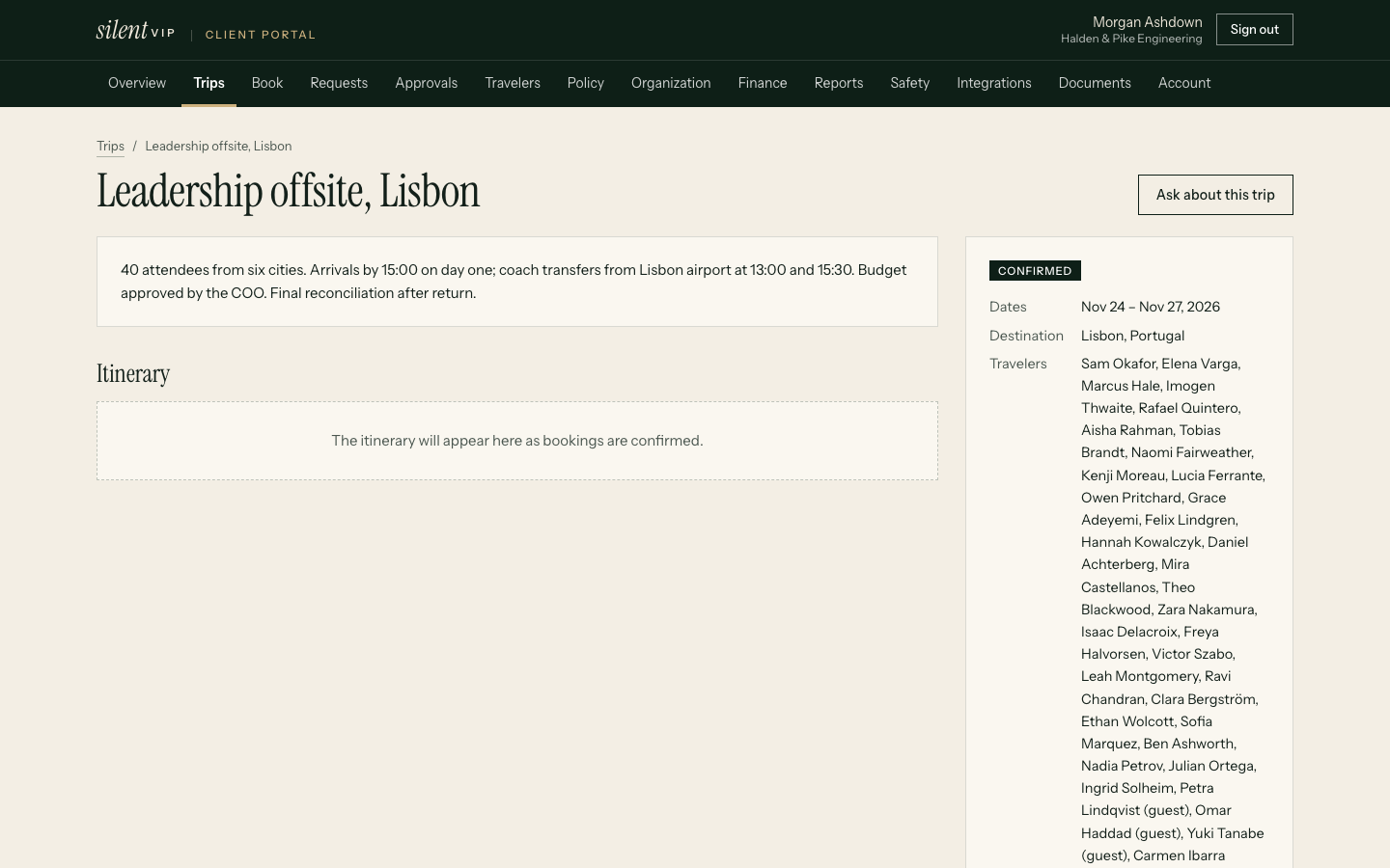 A group trip for a fictional offsite with booking status by attendee and arrival times