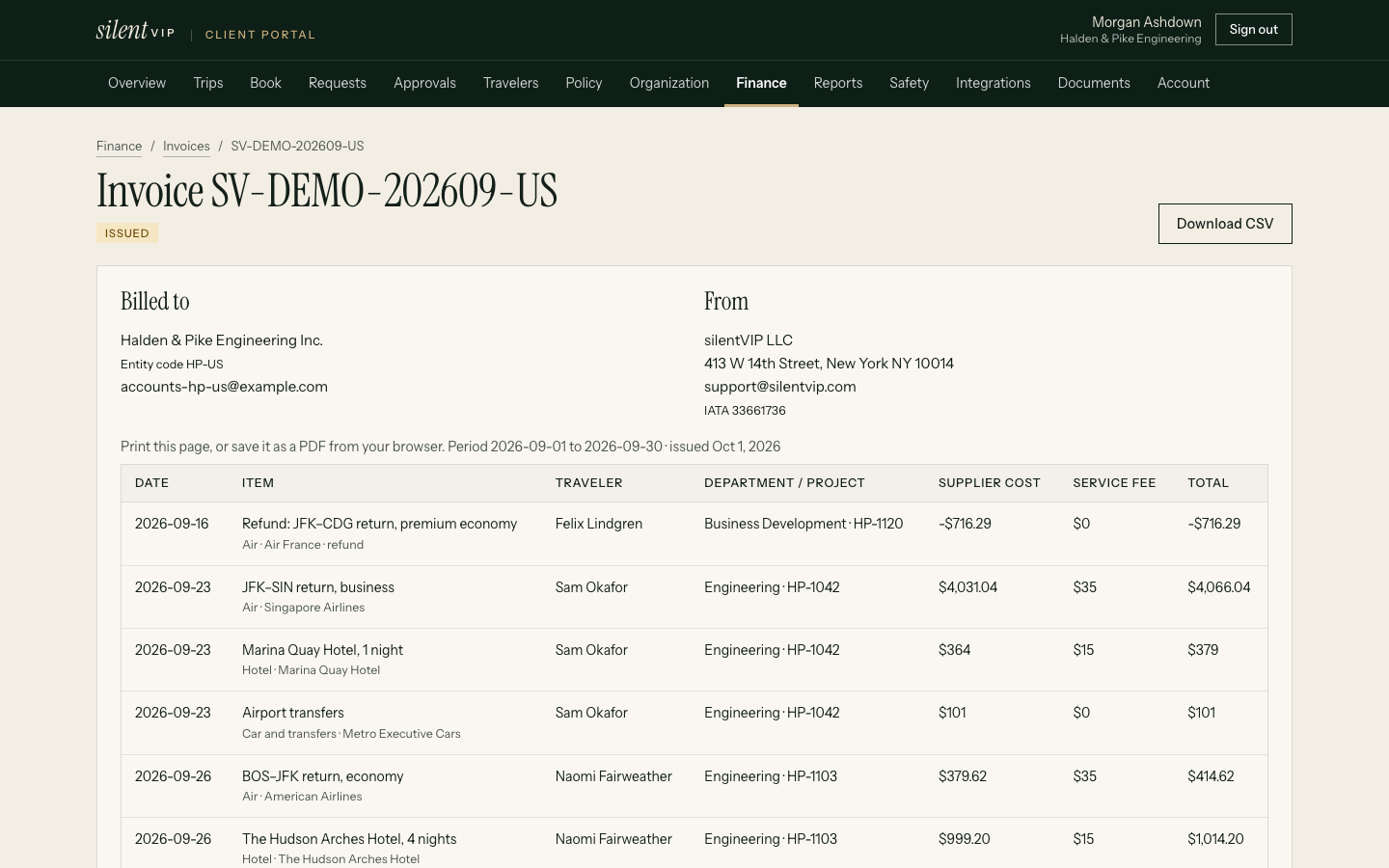 An entity invoice with line items and service fees