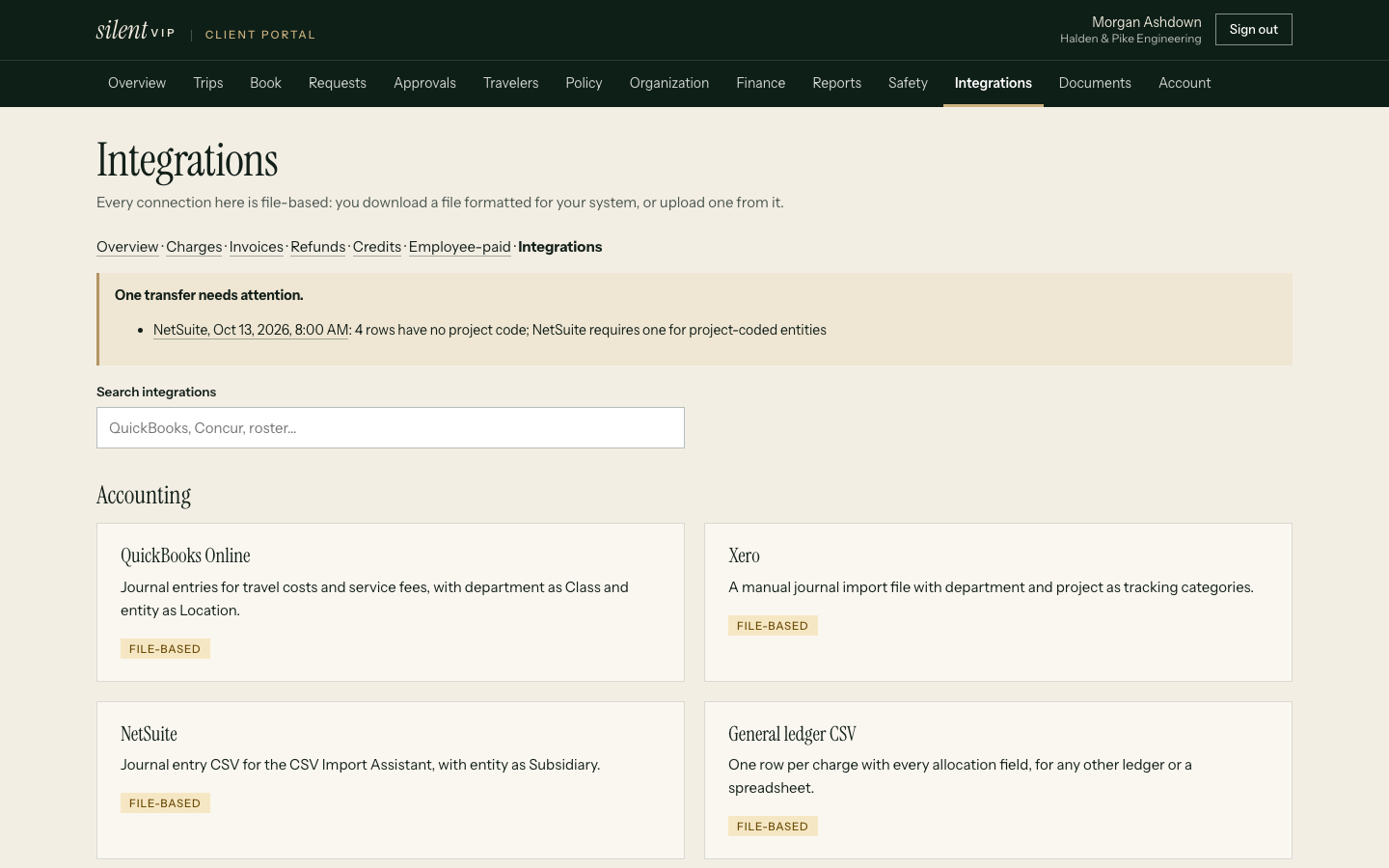 The integrations page with a failed export listing two charges missing a department, each with a fix link, above successful runs