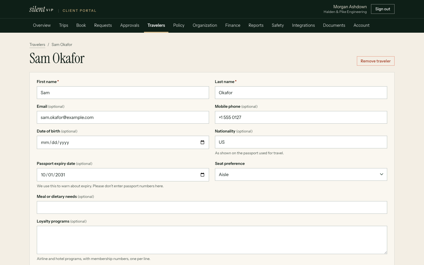 A fictional traveller profile with loyalty programme numbers, seat and meal preferences