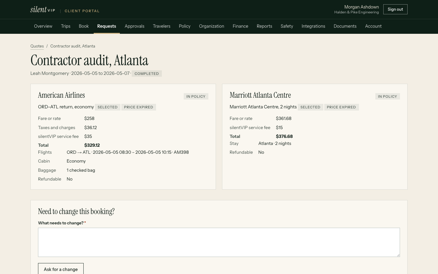 Hotel options in London within the city cap, each with nightly rate, total, cancellation deadline and policy status