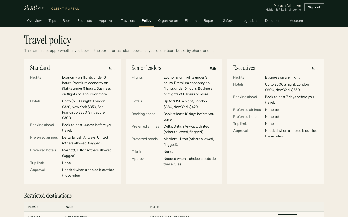 A travel policy page for a fictional company: cabin by flight length, hotel caps by city, 14-day advance booking and approval for out-of-policy choices